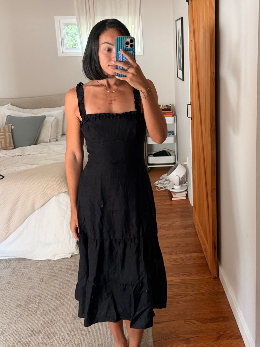 Reformation Black Square-Neck Tiered Midi Dress with Ruffle Straps
